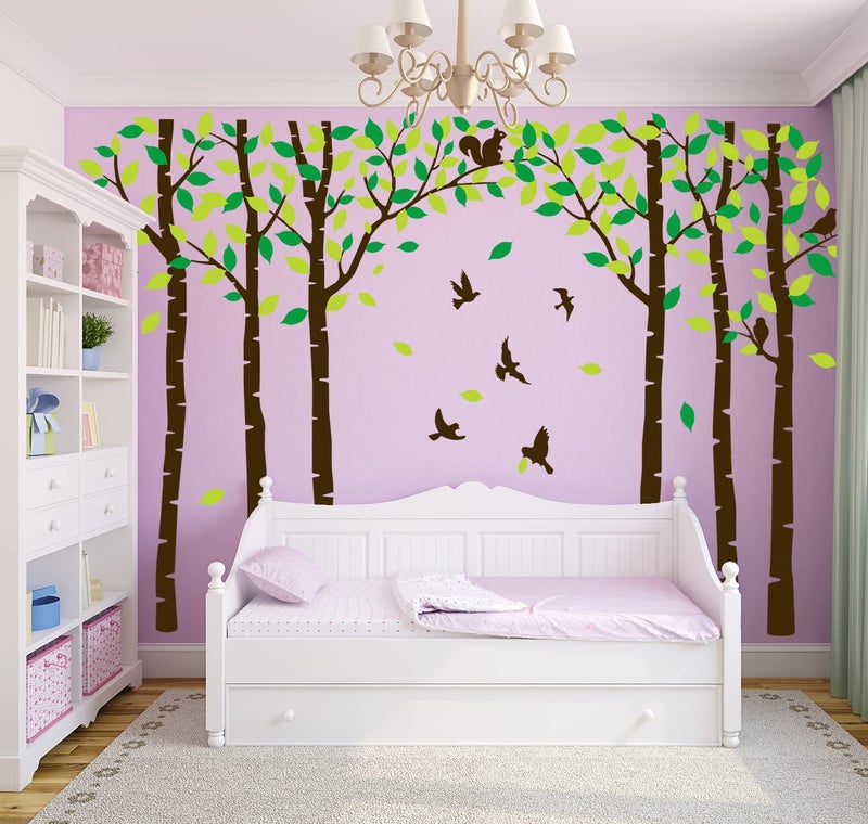 MAFENT Giant Family Tree Wall Decals Forest Birch Tree Wall Stickers Birds Wall Art for Kids Room Nursery Bedroom Living Room Decoration(Dark Brown and Green) - Image 4